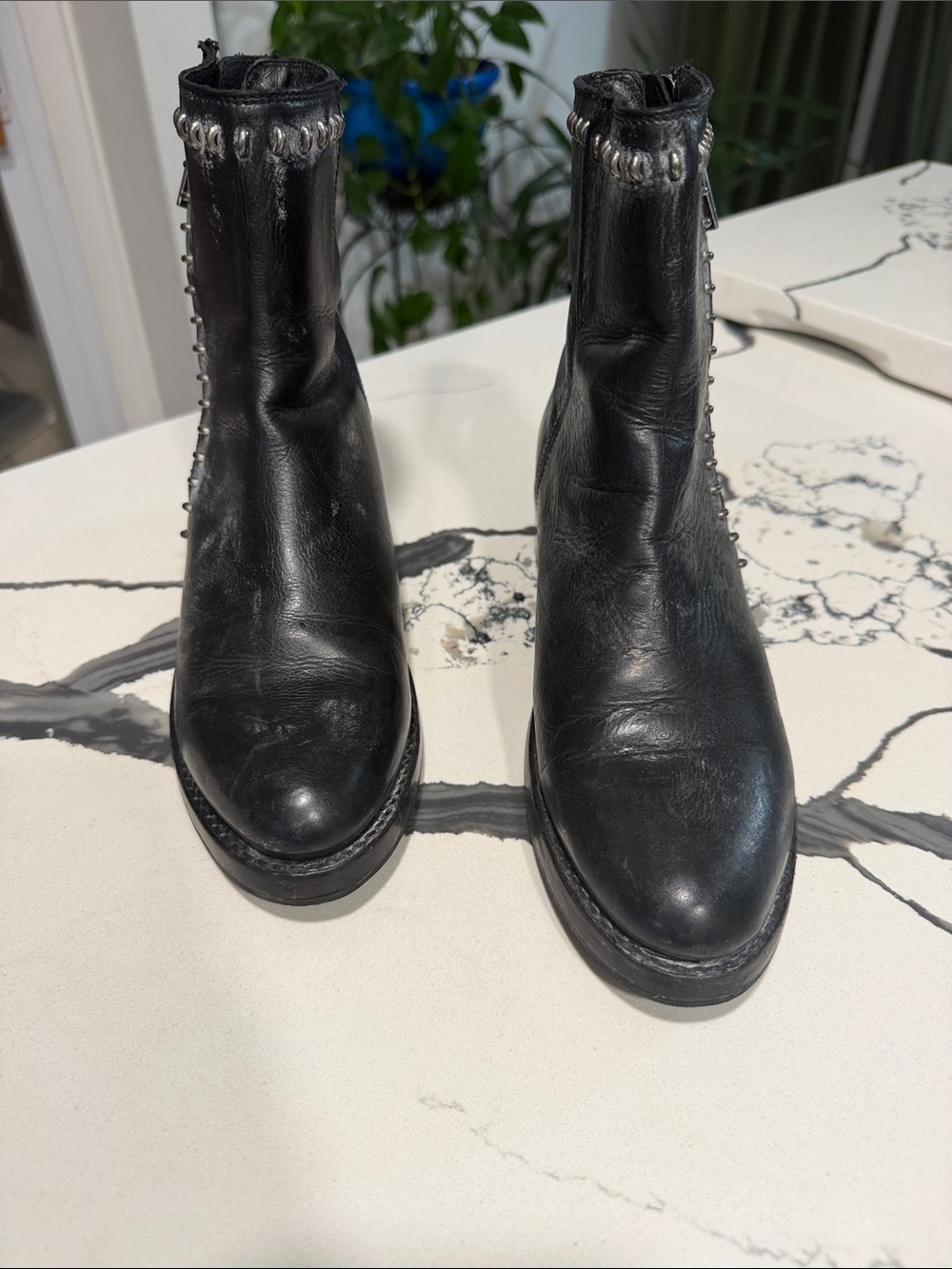 Frye Black Leather Stud-Trim Ankle Booties